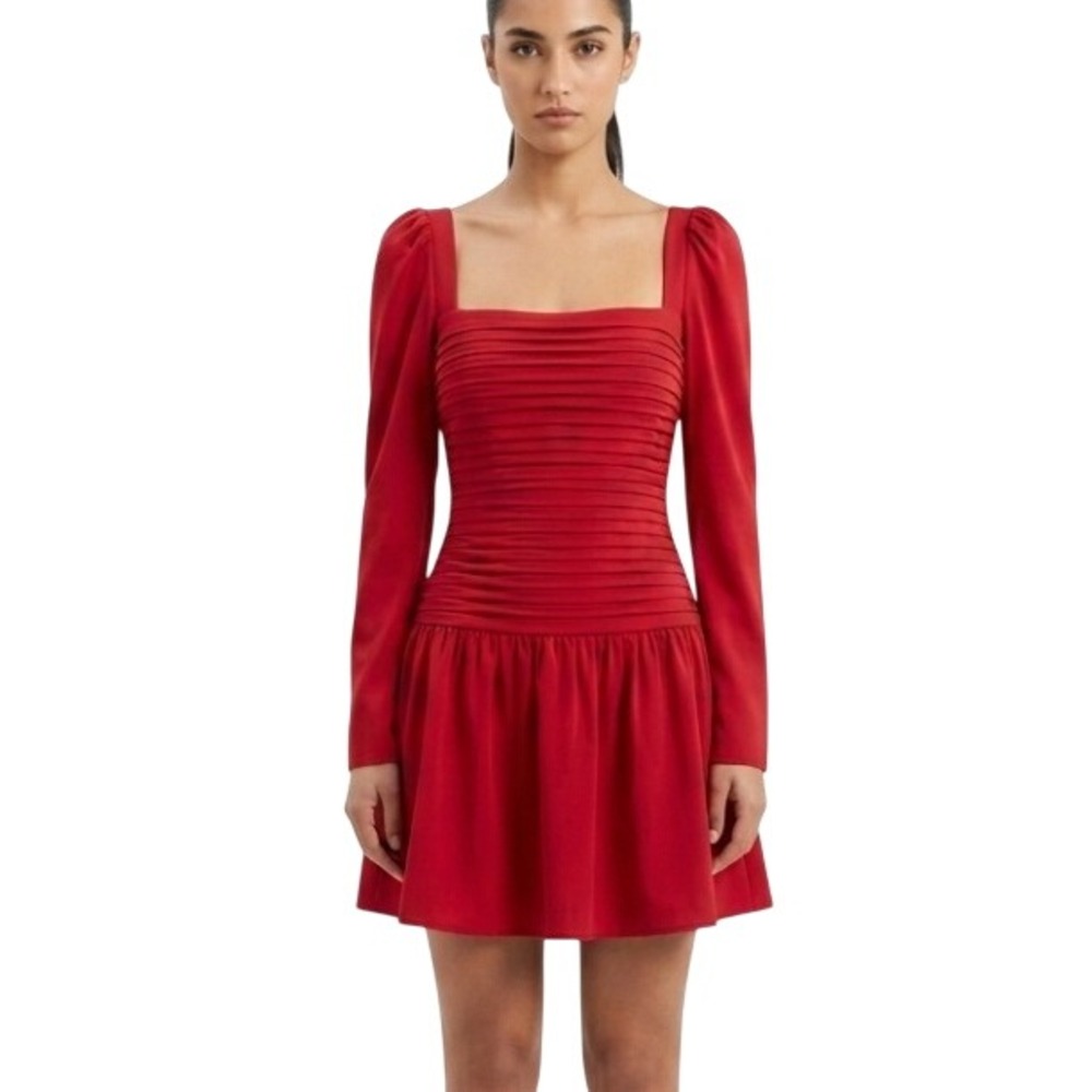 Abercrombie & Fitch Ruched Mini Dress Women MT Red Square Neck Smocked Back Long